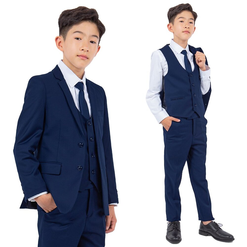 5-Piece Perry Ellis Portfolio Boys Slim Fit Solid Suit, Navy